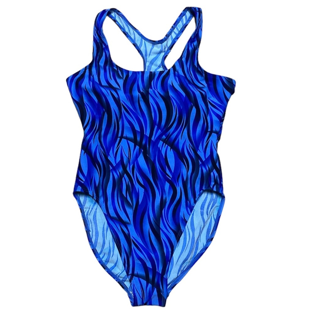 Beach Cabana One Piece Swimsuit Women’s M Blue Zebra Racerback Swimwear Vintage